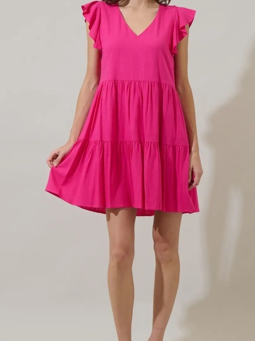 ANTONIO MELANI Hot Pink V-Neck Tiered Ruffle Sleeve Mini Dress